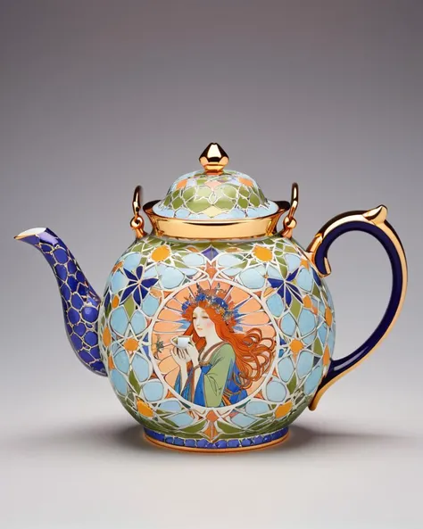 designed by Harry Clarke, Eugène Grasset and Alphonse Mucha, Glad teapot, <lora:Zellij:0.8> zlj-xl