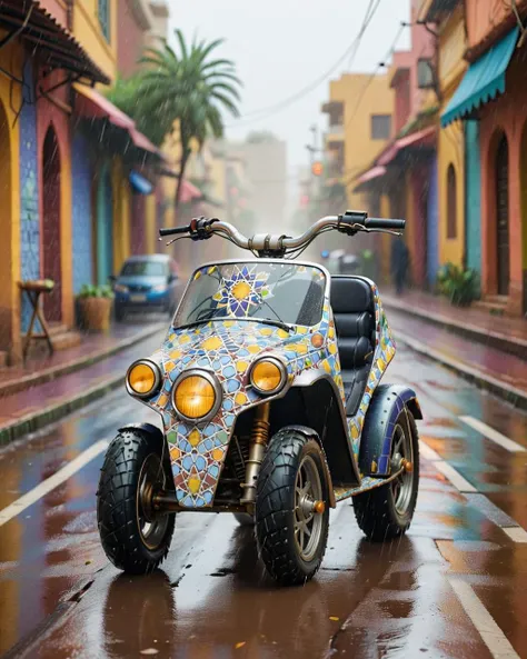 concept art, Bewitching 2 wheeled vehicle, Raining, Vivid, Confused, Art & Language, Depth of field 100mm, Unsplash, beautiful, <lora:Zellij:1> zlj-xl, made of Moroccan mosaic print