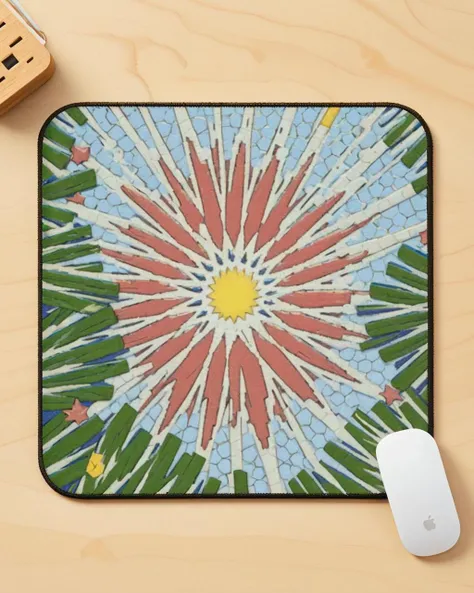 concept art, Untidy (Mouse pad of Explosions:1.1) , vegetation and space, Foggy conditions, Depth of field 270mm, CineColor, <lora:Zellij:1> zlj-xl, made of Moroccan mosaic print