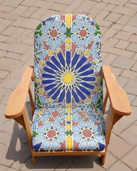 made of moroccan tiles, geometric patterns mosaic, angle from below of a Adirondack chair of Evil, Awe, L USM, <lora:Zellij:1> zlj-xl