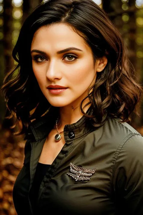 <lora:r4ch3lw41sz:0.9>, a Realistic Full Body Portrait of a r4ch3lw41sz woman with brown eyes and Short Dark Hair style, makeup, jewlery, red lips, beautiful, detailed face, perfect eyes, (highly detailed skin:1.1), wearing jeans and jacket, forest background, soft lighting, professional Photography, Photorealistic, detailed eyes, RAW, analog, sharp focus, 8k, HD, DSLR, high quality, Fujifilm XT3, film grain, award winning, masterpiece