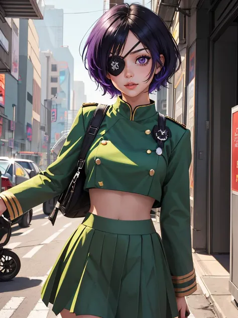 1girl, cyberpunk, science fiction, mechanical parts, 
masterpiece, best quality, intricate detail, depth of field, bloom,  <lora:chrometest:0.75> chrome dokuro, black hair, eyepatch, (purple eyes:1.1), short hair,, crop top, eyepatch, school uniform, serafuku, skirt, green uniform,