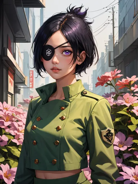 1girl, cyberpunk, science fiction,  
masterpiece, best quality, intricate detail, depth of field, bloom,  <lora:chrometest:1> chrome dokuro, black hair, eyepatch, (purple eyes:1.1), short hair,, crop top, eyepatch, school uniform, serafuku, skirt, green uniform,