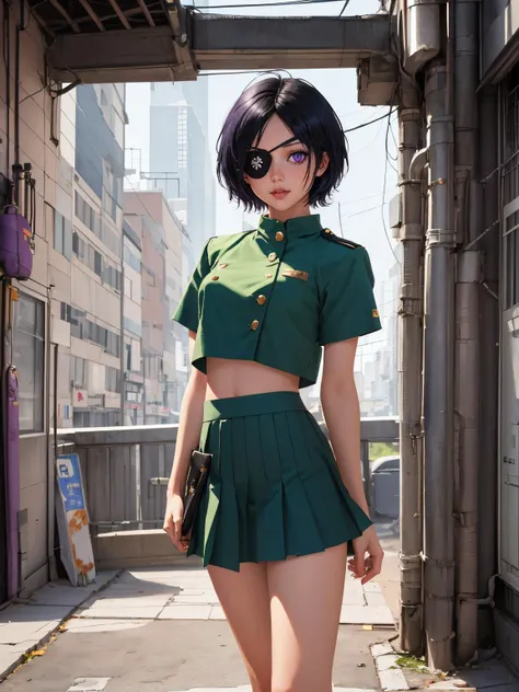 1girl, cyberpunk, science fiction, mechanical parts,
masterpiece, best quality, intricate detail, depth of field, bloom, <lora:chrometest:0.75> chrome dokuro, black hair, eyepatch, (purple eyes:1.1), short hair,, crop top, eyepatch, school uniform, serafuku, skirt, green uniform,