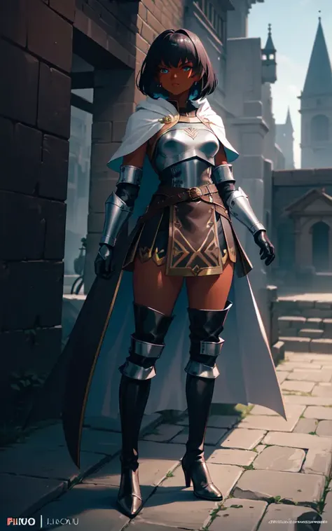 (((dark tanned skin))), anime, a full body portrait of a sermer, (((a woman in a medieval outfit))), (((metal skirt))), (((thie high boots))), (white cloak), short black hair, (blue eyes), athletic, 8k, Unreal Engine 5, octane render, by kyun, gamang, Yoon Gon-Ji, g.ho, gosonjak, shuroop, serious, domi, noah, trending on pixiv, fanbox, skeb, masterpiece, smooth soft skin, big dreamy eyes, beautiful intricate colored hair, symmetrical, anime wide eyes, soft lighting, concept art, digital painting, <lora:sermer:0.4>