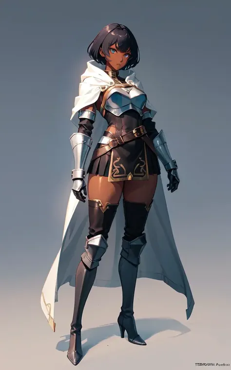 (((dark tanned skin))), anime, a full body portrait of a sermer, (((a woman in a medieval outfit))), (((metal skirt))), (((thie high boots))), (white cloak), short black hair, (blue eyes), athletic, 8k, Unreal Engine 5, octane render, by kyun, gamang, Yoon Gon-Ji, g.ho, gosonjak, shuroop, serious, domi, noah, trending on pixiv, fanbox, skeb, masterpiece, smooth soft skin, big dreamy eyes, beautiful intricate colored hair, symmetrical, anime wide eyes, soft lighting, concept art, digital painting, <lora:sermer:0.4>