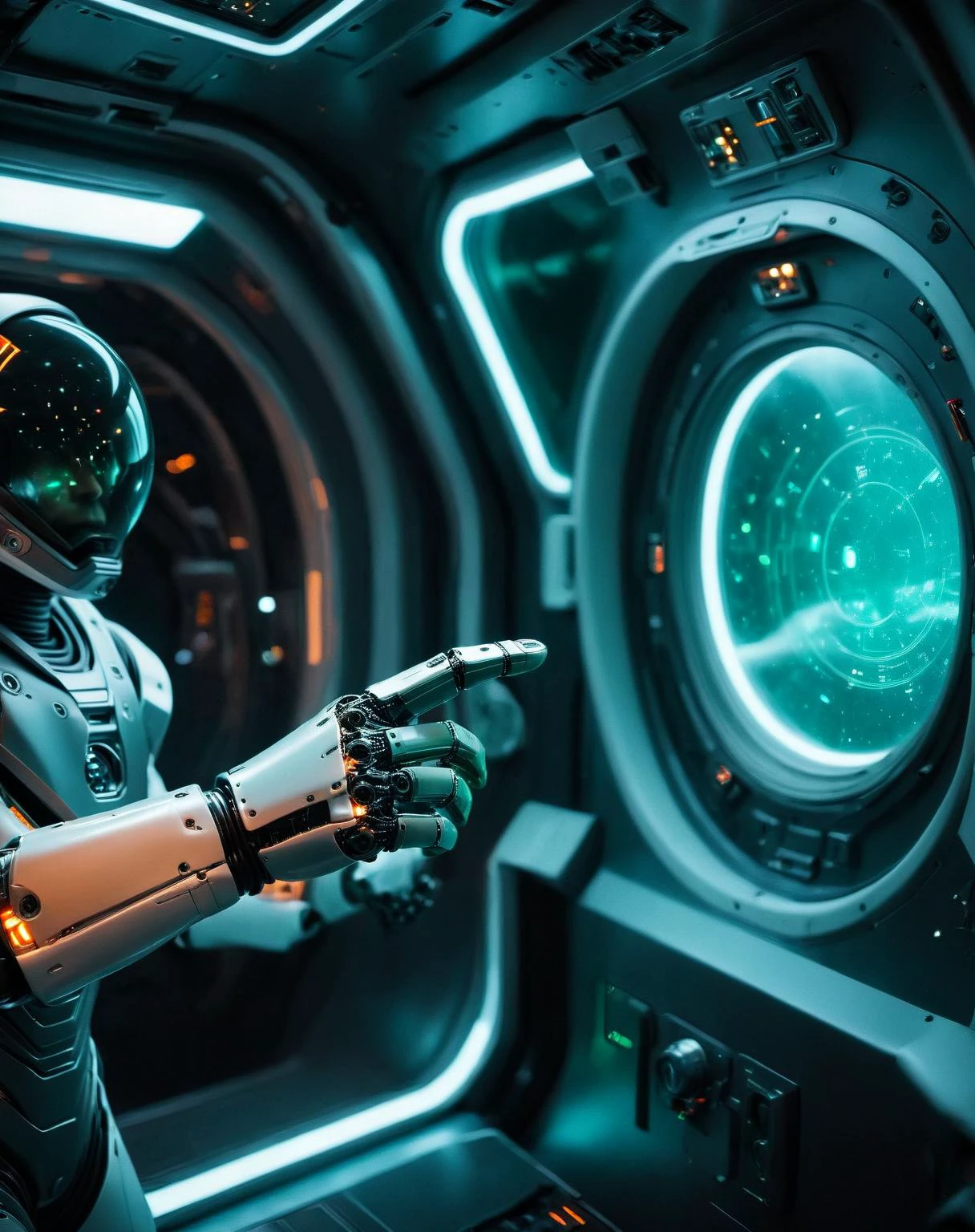 (((solo, realism film scene still , space travel design, close-up (pilot spacraft controls robot:1.3) , machinery, mechanization, glowing , cyberpunk, light hologram:1.3, translucent, (glowing green orange holograms:1.1), scratched metal, impact marks
<lora:TechMaker_v1-e6:1>, absurdres, detailed, macro details, 8k, hyper realistic, texture surface details))) !, highly.detailed, key.visual, by, form, warm red blue theme,
