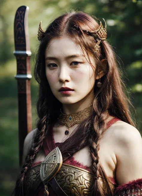 A stunning intricate full color portrait of (sks woman:1) as (viking warrior), (barbarian), epic character composition, by ilya kuvshinov, alessio albi, nina masic, sharp focus, natural lighting, subsurface scattering, f2, 35mm, film grain, <lora:locon_irene_v1_from_v1_64_32:1.25>