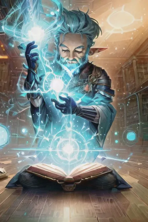 fantasy, workshop, interior, library, books,(sitting on the floor:1.3), wizard robes,focused, (1man:1.3), , long white beard, elf, creationmagic,fragmented construct ,floating planets, particles stream, ethereal creation, mana, excessive energy,magic <lora:CreationMagic:1>, (masterpiece, best quality)