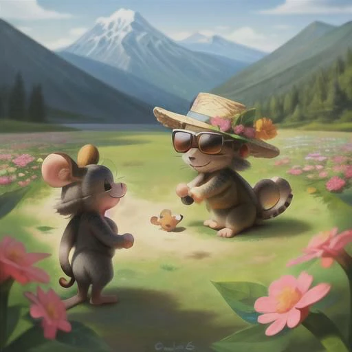 Cute fluffy animal mouse, highly detailed, side view, full body, smiling, mouse with hat and sunglasses, little flowers, cartoon, background is a colorful landscape with Mountain and forest, hyperrealistic cub, expressive, emotional,