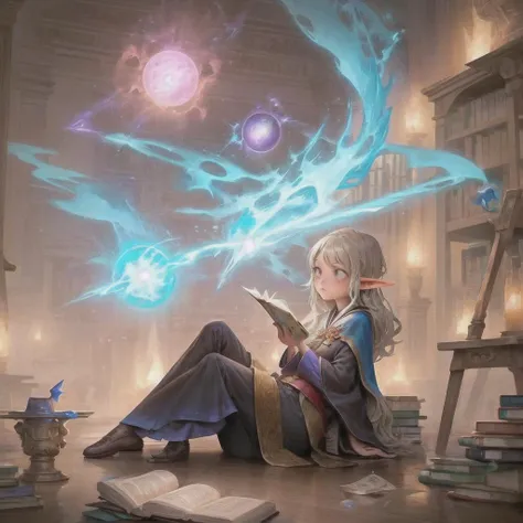 fantasy, workshop, interior, library, books,(sitting on the floor:1.3), wizard robes,focused, (1girl:1.3), elf, creationmagic,fragmented construct ,floating planets, particles stream, ethereal creation, mana, excessive energy,magic <lora:CreationMagic:1>, (masterpiece, best quality)