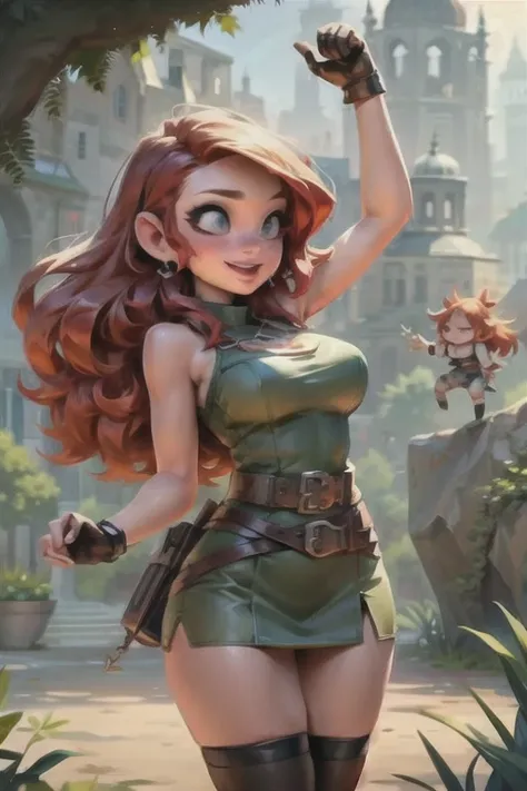 realistic, sexy redhead adventurer, dungeons and dragons, mini skirt, thigh highs, green eyes, 4k, forest, fantasy