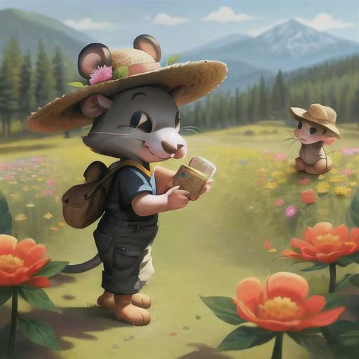 Cute fluffy animal mouse, highly detailed, side view, full body, smiling, mouse with hat and sunglasses, little flowers, cartoon, background is a colorful landscape with Mountain and forest, hyperrealistic cub, expressive, emotional,