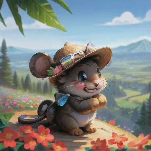 Cute fluffy animal baby mouse, highly detailed, side view, full body, smiling, mouse with hat and sunglasses,  little flowers,  cartoon, background is a colorful landscape with Mountain and forest, hyperrealistic cub, expressive, emotional,