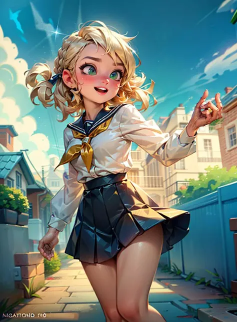 (girl riding a bike in a beautiful road), (school uniform, blonde hair, green eyes, skirt, shoes), smile, :D,(fantasy, nostalgia, colorful, sky, vlouds and leafs around, Magic:1.2), from below, looking at viewer,
(detailed landscape:1.2), (background:1), (dynamic_angle:1.2), (dynamic_pose:1.2), (rule of third_composition:1.3), (dynamic_perspective:1.2), (dynamic_Line_of_action:1.2), solo, wide shot,
(masterpiece:1.2), (best quality, highest quality), (ultra detailed), (8k, 4k, intricate),(full-body-shot:1), (Cowboy-shot:1.2), (50mm), (highly detailed:1.2),(detailed face:1.2), detailed_eyes,(gradients),(ambient light:1.3),(cinematic composition:1.3),(HDR:1),Accent Lighting,extremely detailed,original, highres,(perfect_anatomy:1.2),