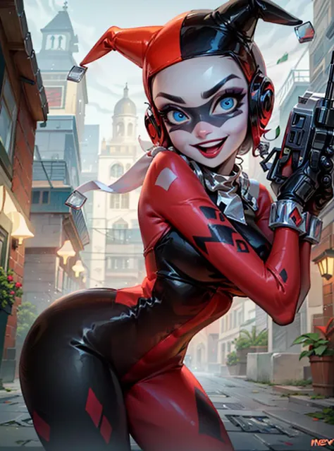 (HarleyWaifu shooting a gun:1), (blue eyes, mask, domino mask, hat, bodysuit, jester cap, makeup, facepaint, gloves), (makeup), curvy, looking at viewer, evil smile, :D, leaning forward, cute pose, from below,
(detailed landscape, bank, moeny, dollars:1.2), (background:1), (dynamic_angle:1.2), (dynamic_pose:1.2), (rule of third_composition:1.3), (dynamic_perspective:1.2), (dynamic_Line_of_action:1.2), solo, wide shot,
(masterpiece:1.2), (best quality, highest quality), (ultra detailed), (8k, 4k, intricate),(full-body-shot:1), (Cowboy-shot:1.2), (50mm), (highly detailed:1.2),(detailed face:1.2), detailed_eyes,(gradients),(ambient light:1.3),(cinematic composition:1.3),(HDR:1),Accent Lighting,extremely detailed,original, highres,(perfect_anatomy:1.2),
<lora:HarleyQueenOld_character-10:0.8>