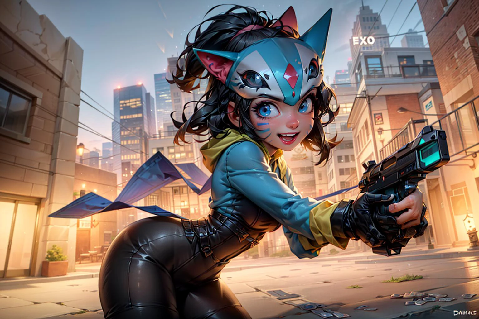 (1girl shooting a gun:1), (blue eyes, mask, domino mask, hat, bodysuit, jester cap, makeup, facepaint, gloves), (makeup), curvy, looking at viewer, evil smile, :D, leaning forward, cute pose, from below,
(detailed landscape, bank, money, dollars:1.2), (background:1), (dynamic_angle:1.2), (dynamic_pose:1.2), (rule of third_composition:1.3), (dynamic_perspective:1.2), (dynamic_Line_of_action:1.2), solo, wide shot,
(masterpiece:1.2), (best quality, highest quality), (ultra detailed), (8k, 4k, intricate),(full-body-shot:1), (Cowboy-shot:1.2), (50mm), (highly detailed:1.2),(detailed face:1.2), detailed_eyes,(gradients),(ambient light:1.3),(cinematic composition:1.3),(HDR:1),Accent Lighting,extremely detailed,original, highres,(perfect_anatomy:1.2),