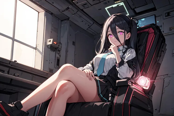 <lora:aris1:0.75> arisdef, very long hair, purple eyes/pink eyes, sitting, robot army, glowing, crossed legs, spacecraft interior, backlighting, huge chair, hand on own chin, masterpiece, best quality, highres, <lora:GoodHands-vanilla:1> nice hands, perfect hands