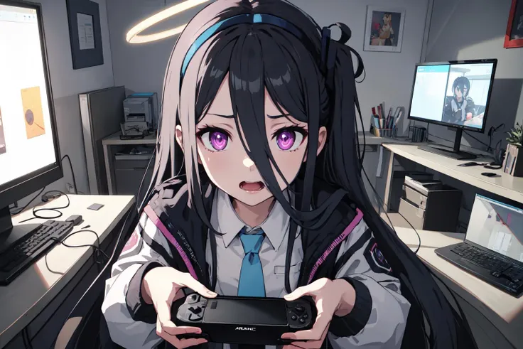 <lora:aris1:0.7> arisdef, halo, (very long hair:1.1), purple eyes/pink eyes, playing games, video game, indoors, confused, room, growling, monitor, masterpiece, best quality, highres, <lora:GoodHands-vanilla:1> nice hands, perfect hands