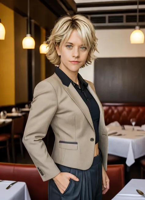 medium shot, photo of skswoman, Pointing pose, wearing Cropped Blazer and Pleated pants, in restaurant, looking bad, (look at viewer:1.0) (skin texture), Fujifilm XT3, DSLR, 50mm, <lyco:Meg RyanV7:1.2>