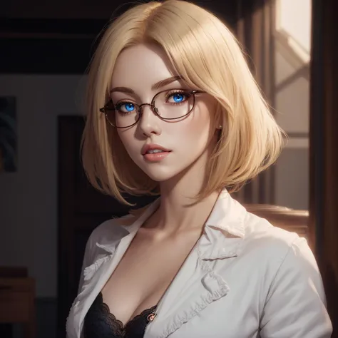 ((lipbite)), (anime screencap), lab coat, blonde hair, blue eyes, glasses, (((sexy))), 8k, Unreal Engine 5, octane render, by seunghee lee, Jang Tae-Hwan, Chocofing R, seungho lee, trending on pixiv, fanbox, skeb, masterpiece, detailed face, smooth soft skin, big dreamy eyes, beautiful intricate colored hair, anime wide eyes, soft lighting, concept art, digital painting, <lora:lipbite:0.4>