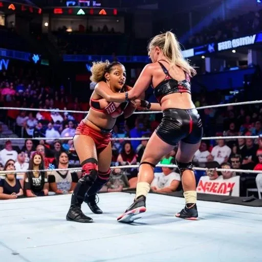 Tight angle posed front view Sports photo. (Topless:1.3) middle-aged woman wrestler  and Her embarrassed 23-year-old daughter, In the Wresting ring. 