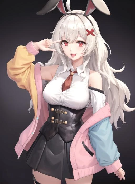 best quality, (masterpiece),(ultra-detailed), (high quality), (high resolution), <lora:Erispheria:0.7>,1girl, ahoge, animal ears, bangs, black skirt, breasts, erispheria, hair ornament, hairband, holding box, jacket, long hair, looking at viewer, night, off shoulder, open mouth, red eyes, shirt, simple background, skirt, sleeveless shirt, smile, solo, tongue, virtual youtuber