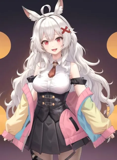 best quality, (masterpiece),(ultra-detailed), (high quality), (high resolution), <lora:Erispheria:0.7>,1girl, ahoge, animal ears, bangs, black skirt, breasts, erispheria, fake animal ears, hair ornament, hairband, holding box, jacket, long hair, looking at viewer, night, off shoulder, open mouth, red eyes, shirt, simple background, skirt, sleeveless shirt, smile, solo, tongue, virtual youtuber