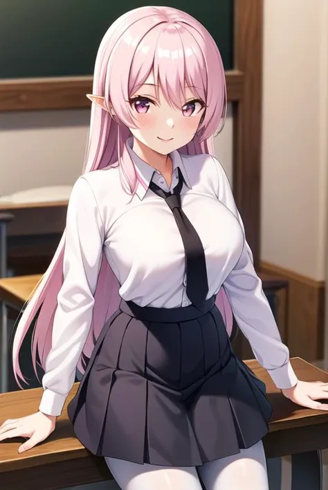 masterpiece, best quality, 1girl,luna, luna heela,ore dake haireru, breasts, necktie, pink_hair, white shirt, pleated_skirt, school_uniform, shirt, skirt, smile,school_uniform,(black pantyhose),(elf:0.8),<lora:lunamix:0.75>,mary janes,