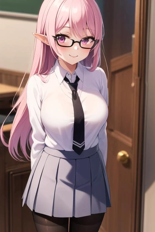 ((masterpiece, best quality)),1girl,standing,indoors,medium  breasts,1girl, luna , luna heela,ore dake haireru, breasts, necktie, pink_hair, white shirt, pleated_skirt, school_uniform, shirt, skirt, smile,school_uniform,(black pantyhose),(elf:0.8),glasses<lora:lunamix:0.7>