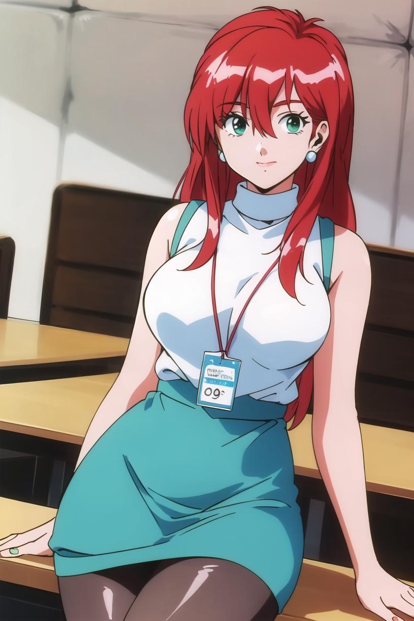 Anime girl with red hair sitting on a desk in a classroom - SeaArt AI