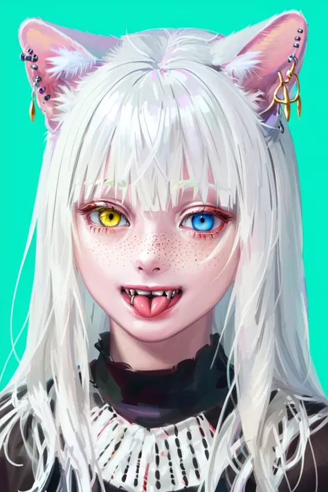 ponstyle, 1girl, solo, animal ears, heterochromia, cat ears, piercing, fangs, freckles, white hair, blue eyes, purple background, looking at viewer, long hair, bangs, simple background, yellow eyes, open mouth, earrings, ear piercing, portrait, tongue, jewelry, blunt bangs, teeth, smile, green eyes, tongue piercing, slit pupils