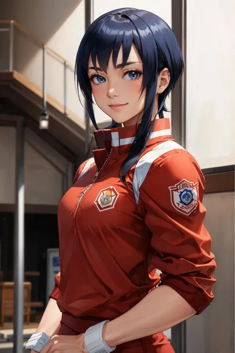 masterpiece, best quality, ayuhara natsu, red jacket, short shorts, bandages, upper body, looking at viewer, gymnasium, looking at viewer, furrowed brow, smile <lora:natsu-nvwls-v1-000010:0.9>