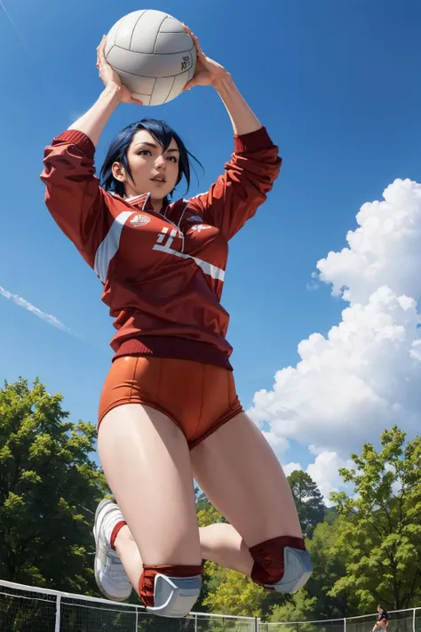 masterpiece, best quality, ayuhara natsu, short hair, red jacket, short shorts, bandages, knee pads, sneakers, (jumping:1.3), sky, volleyball net, outdoors, sports, large breasts <lora:natsu-nvwls-v1-000010:0.9>
