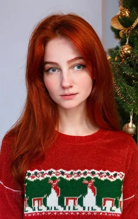 (ultra-detailed), masterpiece, best quality, evelinushka, 8k quality, 
1girl, solo, red hair, Evelinushka, sweater with deers, christmas sweater,
 <lora:Evelinushka:1>