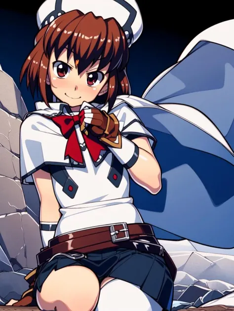 masterpiece,best quality,absurdres,incredibly absurdres,ultra detailed,highres,extremely detailed CG,8k,exquisite,highly detailed,highly detailed background,photorealistic,beautiful,perfect_ditailed,
narrow waist,anime,<lora:irina> sw_irina,hamada yoshikazu,(medium hair:1.1),smile,armor,white_outfit,gray_lace,dark_blue_skirt,(white_elbow-length gloves:1.1),cloak,red bow,(embarrassed:1.1),shy,(looking at viewer:1.1),sitting,camping,outdoors,night,(red_jewelry:1.1),flustered,white headwear,nose blush,