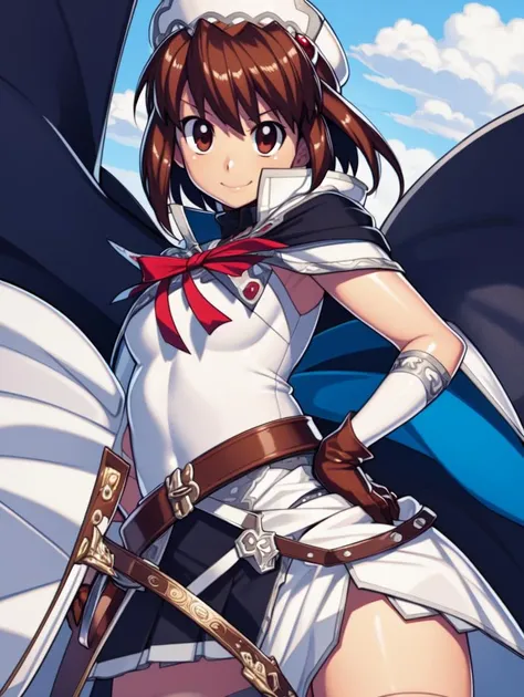 masterpiece,best quality,absurdres,incredibly absurdres,ultra detailed,highres,extremely detailed CG,8k,exquisite,highly detailed,highly detailed background,photorealistic,beautiful,perfect_ditailed,
POV,looking at viewer,narrow waist,anime,(<lora:irina:1:ALL> sw_irina),hamada yoshikazu,(medium hair:1.1),smile,armor,white_outfit,gray_lace,dark_blue_skirt,elbow-length gloves,cloak,fantasy,hand on hip,red bow,
