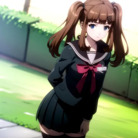 <lora:maria_tomodachi _v1(resize-sv5):1> maria_olis, 1girl, solo, brown hair, hairclip, blue eyes, black serafuku, red neckerchief, name tag, pleated skirt, black thighhighs, looking at viewer