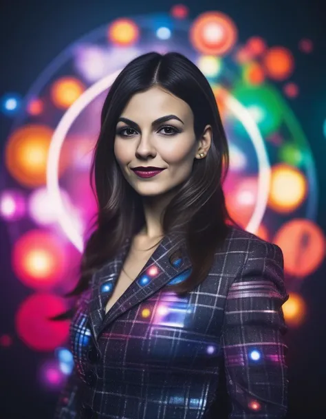 VictoriaJustice, art by Brian Bolland, photograph, Stupid curvy Girl surrounded by Interplanetary magnetic field, Bokeh, Screen print, Queercore Art, film grain, Canon R5, telephoto lens, High quality, <lora:VictoriaJusticeSDXL:1>