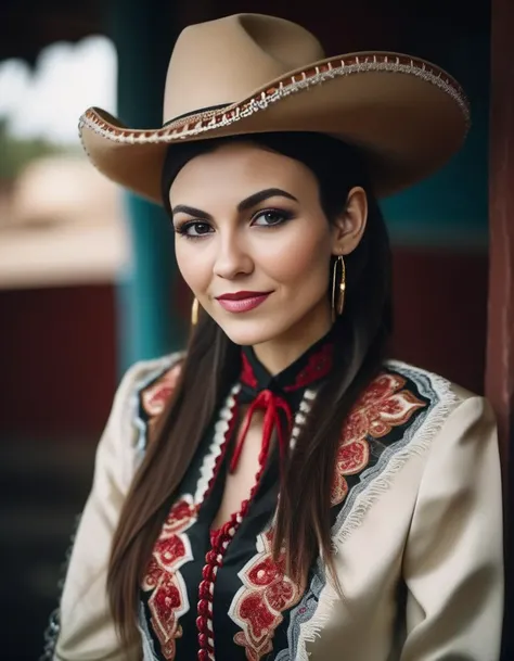 VictoriaJustice, photograph, Secret Burundian Female, wearing Albanian Mexican charro suit, inside a Satin Portal, deep focus, natural lighting, film grain, Sony A9 II, Depth of field 270mm, <lora:VictoriaJusticeSDXL:1>