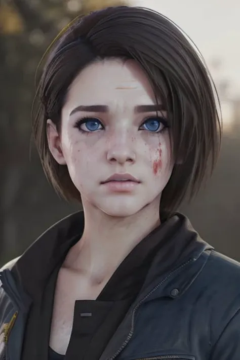 a distant photo of  jill_re <lora:JILL_RE_Evee_10_Long:0.9>,bleeding wound on face,injury on face, tired, exhausted,dirty,masterpiece, DSLR photo, analog style,nikon d5, real photo,  blue eyes,wearing fall clothing , dystopian,war,postapocalyptic,dramatic lighting (85mm), (detailed facial features), (detailed shiny eyes), dynamic angle, jeremy mann, Ilya Kuvshinov style,(looking into the distance:1.1)