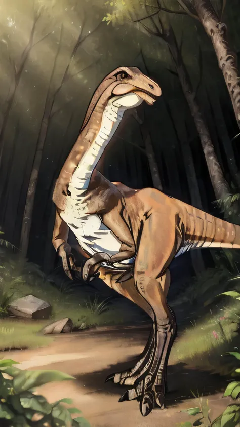 <lora:Gallimimus:1>, Gallimimus, Gallimimus dinosaur, dinosaur, feathered dinosaur, Cretaceous, Cretaceous period, Cretaceous background, forest