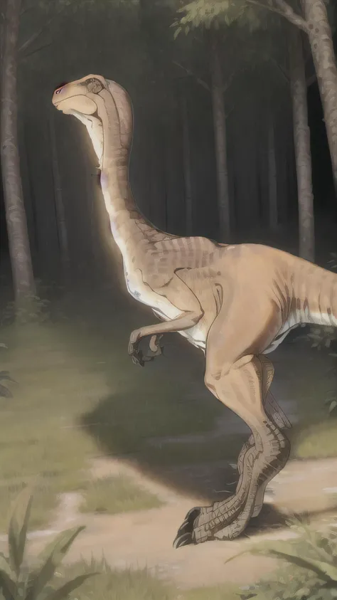 <lora:Gallimimus:1>, Gallimimus, Gallimimus dinosaur, dinosaur, feathered dinosaur, Cretaceous, Cretaceous period, Cretaceous background, forest