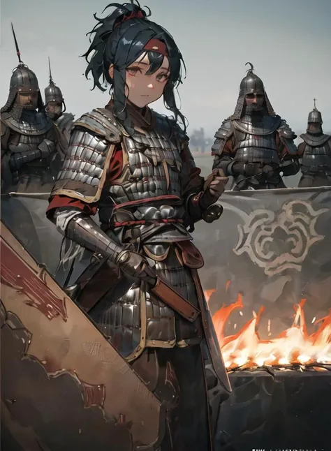 (photorealistic, realistic: 1.1), scale armor, wh chi armor, (masterpiece:1.1025), (best quality:1.05), (an extremely delicate and beautiful:1.05), (extremely detailed CG unity 8k wallpaper:1.05), (absurdres:1.05), (ultra-detailed:1.05), (1girl:1.1), cowboy shot, (holding sword:1.3), (sword:1.3), (fighting stance:1.3), armor, hanfu, looking at viewer, serious, detailed black hair, ponytail, bangs, detailed black eyes, armored headband, armored dress, armored gloves, gorget, flames of war, detailed background, depth of field, outdoors, gold trim, red trim, (eastern dragon pattern:1.1), shiny skin, delicate pattern, intricate detail<hypernet:anime:1>