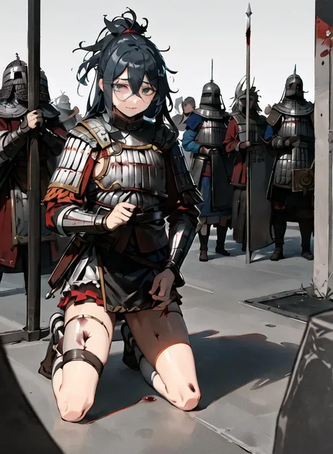 (kneeling:1.5), solo, scale armor, wh chi armor, (masterpiece:1.1025), (best quality:1.05), (an extremely delicate and beautiful:1.05), (extremely detailed CG unity 8k wallpaper:1.05), (absurdres:1.05), (ultra-detailed:1.05), (1girl:1.1), (holding sword:1.1), (sword:1.1), armor, looking at viewer, (sad:1.1), crying with eyes open, detailed black long hair, ponytail, bangs, detailed black eyes, armored dress, gorget, (rain:1.3), detailed background, depth of field, blood on clothes, blood on face, outdoors, detailed cloudy sky, gold trim, red trim, shiny skin, delicate pattern, intricate detail, blood splatter<hypernet:anime:1>