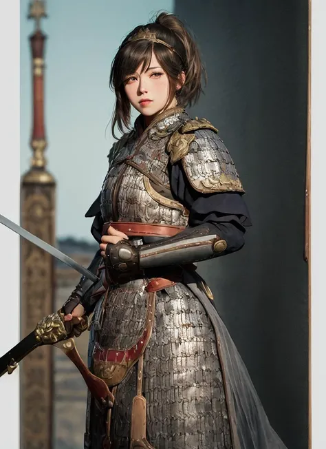 (photorealistic, realistic: 1.2), scale armor, wh chi armor, (masterpiece:1.1025), (best quality:1.05), (an extremely delicate and beautiful:1.05), (extremely detailed CG unity 8k wallpaper:1.05), (absurdres:1.05), (ultra-detailed:1.05), (1girl:1.1), cowboy shot, (holding sword:1.3), (sword:1.3), (fighting stance:1.3), armor, hanfu, looking at viewer, serious, detailed black hair, ponytail, bangs, detailed black eyes, armored headband, armored dress, armored gloves, gorget, flames of war, detailed background, depth of field, outdoors, gold trim, red trim, (eastern dragon pattern:1.1), shiny skin, delicate pattern, intricate detail<hypernet:anime:1>