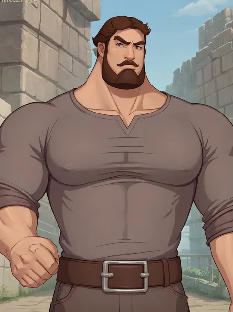 muromec, solo, short hair, brown hair, shirt, 1boy, upper body, male focus, belt, muscular, facial hair, thick eyebrows, pectorals, muscular male, bara, grey shirt, beard, large pectorals, meme, mature male, horse <lora:muromec-20:0.5>