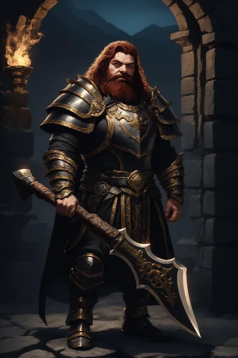 masterpiece:1.2, best quality, absurdres, castle ruins, fire, evening, fantasy, dwarf, D&D, Pathfinder, male, full body, detailed face, face focus, portrait, axe , holding an axe, plate armor, red hair, marb1e4rmor, braided beard, <lora:DwarfV5:1.0>, <lyco:UnlimitedBladeWorksV1:0.7>, <lora:Clothing - Gold Black Marble Armor:0.5>, centered,
