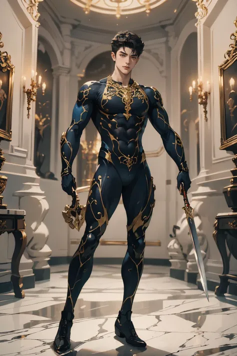 absurdres, intricate details, masterpiece, best quality, high resolution, 8k,
(1boy:1.3), (marb1e4rmor, marble bodysuit, weapon:1.2),
looking at viewer, smirk, Manhuanan,
(muscular, large pectorals, abs), shiny white skin,
detailed face, red eyes, black hair, eye reflection, blue necklace,
indoors, (full body:0.8),
detailed background, cinematic lighting
<lora:chinesemalelikeness3:0.5> <lora:NIJI卿¼«ç·é£æ ¼_v1.0:0.5> <lora:Clothing - Gold Black Marble Armor:0.6>