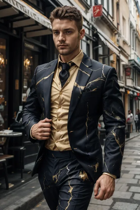 Realistic, 1 middle-aged man, black hair, wearing sunglasses, a decent black suit, wearing a large gold chain, holding a black briefcase, a disdainful face, daytime, sun, sunlight,